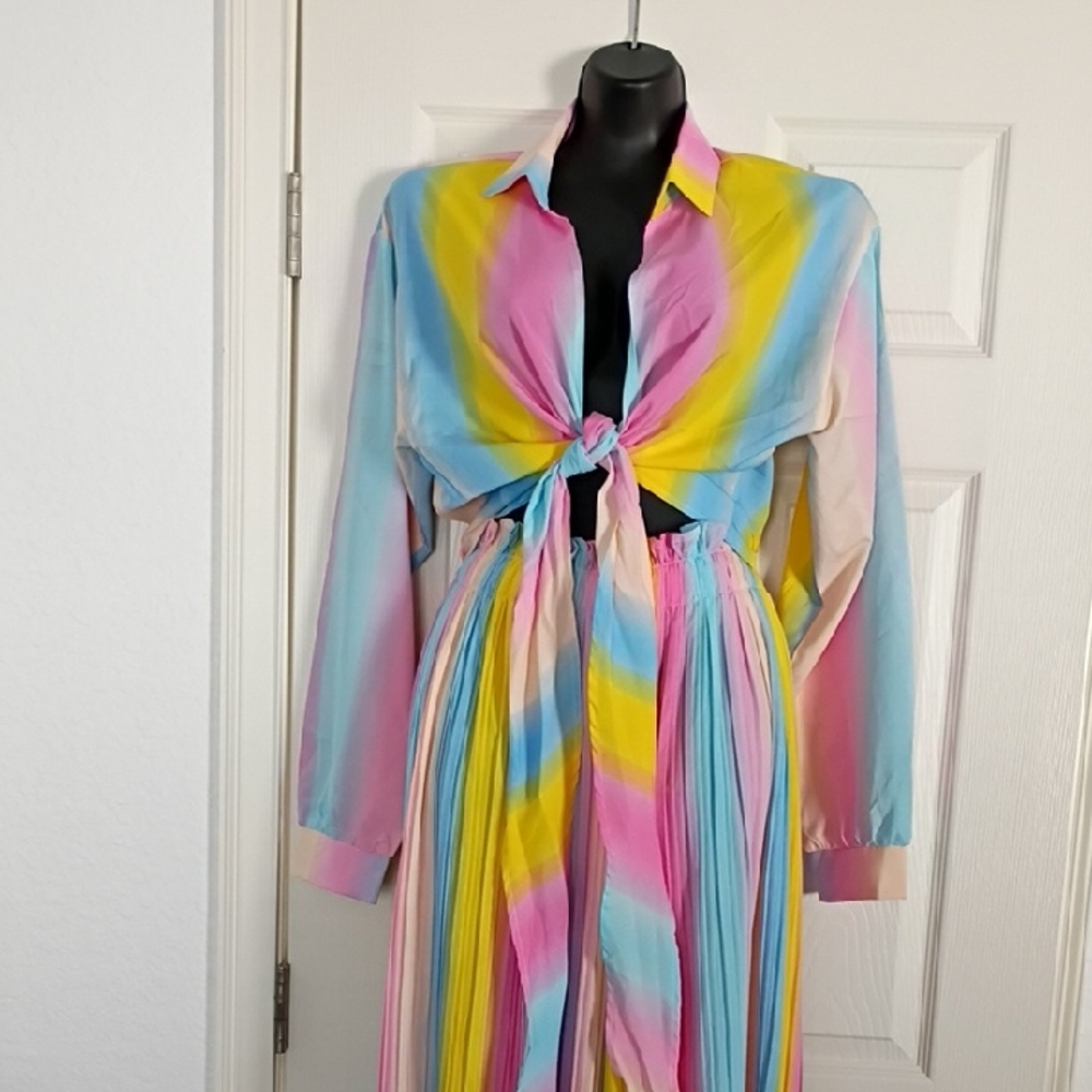 Colorful Striped Tie-Front Blouse and Pants Set